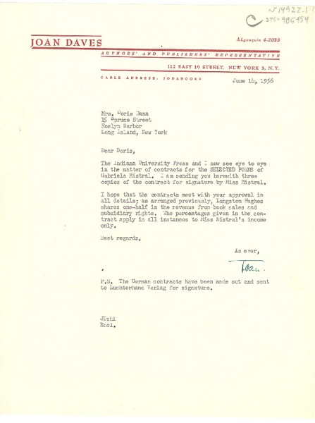 [Carta] 1956 jun. 14, [New York, Estados Unidos] [a] Doris Dana, Long Island, New York, [Estados Unidos]