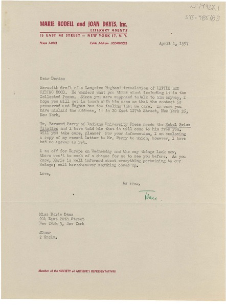 [Carta] 1957 apr. 1, [New York, Estados Unidos] [a] Doris Dana, New York, [Estados Unidos]