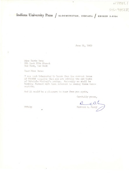 [Carta] 1960 jun. 21, [Bloomington, Indiana, Estados Unidos] [a] Doris Dana, New York, [Estados Unidos]