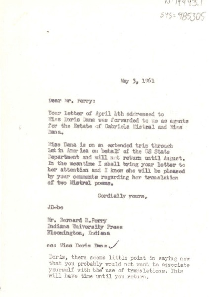 [Carta] 1961 may 3, [New York, Estados Unidos] [a] Bernard B. Perry, con copia a Doris Dana, Bloomingston, Indiana, [Estados Unidos]