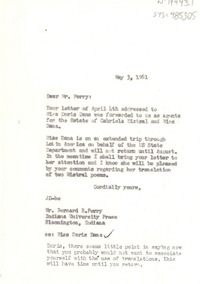 [Carta] 1961 may 3, [New York, Estados Unidos] [a] Bernard B. Perry, con copia a Doris Dana, Bloomingston, Indiana, [Estados Unidos]