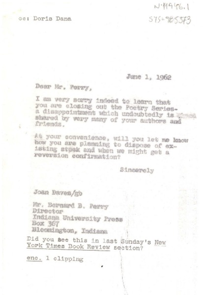 [Carta] 1962 jun. 1,[Estados Unidos] [a] Bernanrd B. Perry, con copia a Doris Dana, Bloomingston, Indiana, Estados Unidos]