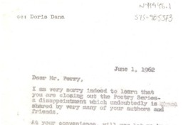 [Carta] 1962 jun. 1,[Estados Unidos] [a] Bernanrd B. Perry, con copia a Doris Dana, Bloomingston, Indiana, Estados Unidos]