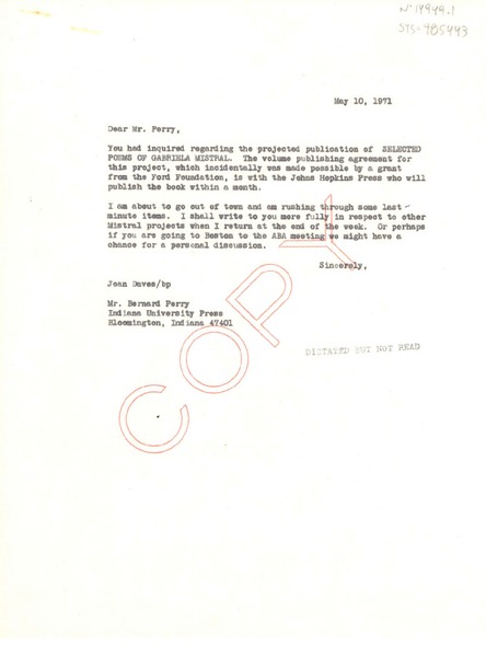 [Carta] 1971 may 10, [Estados Unidos] [a] Bernard B. Perry, Bloomington, Indiana, [Estados Unidos]