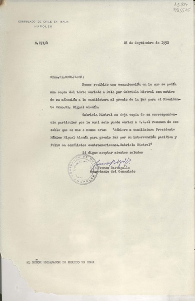 [Oficio] N° 171G, 1952 sept. 18, Nápoles, Italia [al] Señor Embajador de México en Roma
