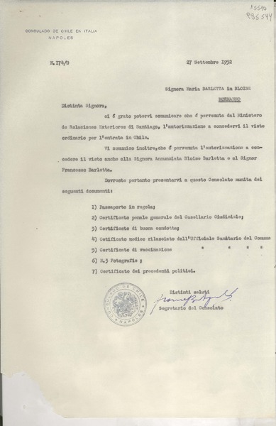 [Oficio] N° 174G, 1952 sett. 27, Nápoles, Italia [a la] Signora Maria Barletta in Bloise, Mormanno, [Italia]