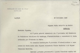 [Oficio] N° 174G, 1952 sett. 27, Nápoles, Italia [a la] Signora Maria Barletta in Bloise, Mormanno, [Italia]