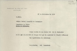 [Oficio] N° 325g, 1952 dic. 17, Nápoles, Italia [a la] Señora Isabel Cosmelli de Sotomayor, Consulado de Chile, Palma de Mallorca, [España]