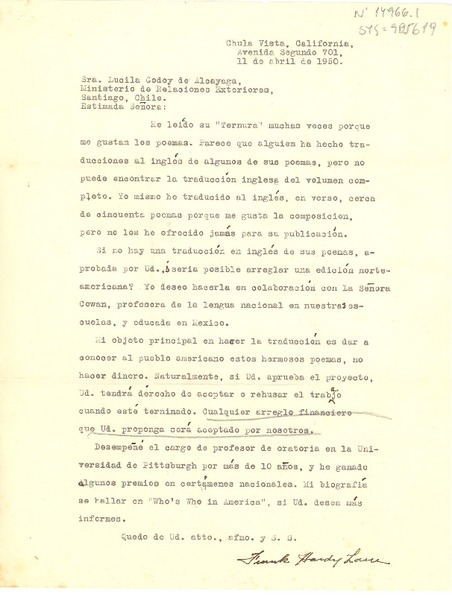 [Carta] 1950 apr. 11, Chula Vista, California, [Estados Unidos] [a] Lucila Godoy de Alcayaga, Santiago, Chile