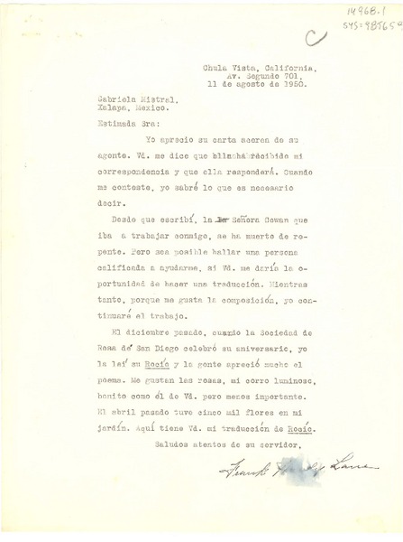 [Carta] 1950 ago. 11, Chula Vista, California, [Estados Unidos] [a] Gabriela Mistral, Xalapa, México