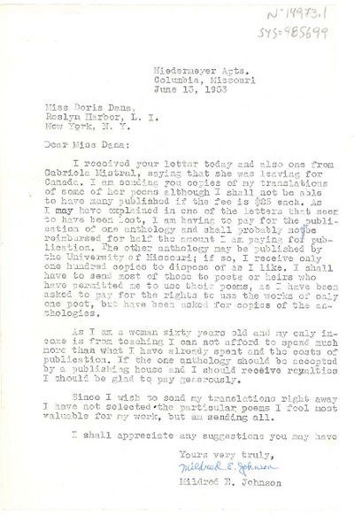 [Carta] 1953 jun. 15, Columbia, Missouri, [Estados Unidos] [a] Doris Dana, Roslyn Harbor, New York, [Estados Unidos]