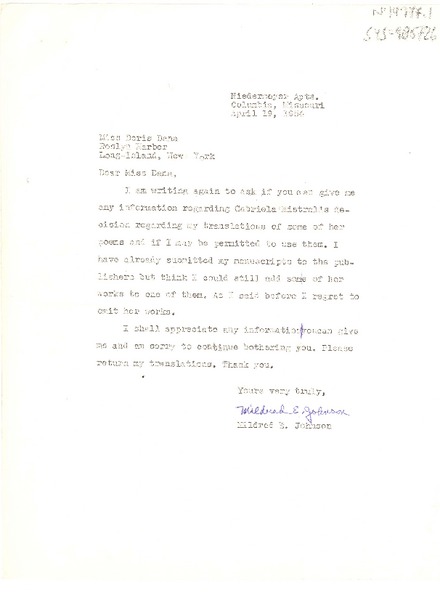[Carta] 1954 apr. 19, Columbia, Missouri, [a] Doris Dana, Long Island, New York, [Estados Unidos]