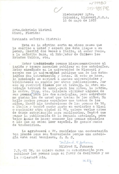 [Carta] 1953 may 16, Columbia, Missouri, [Estados Unidos] [a] Gabriela Mistral, Miami, Florida, [Estados Unidos]