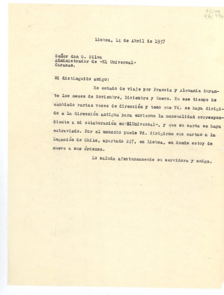 [Carta] 1937 abr. 14, Lisboa, [Portugal] [al] Señor don G. Silva, Administrador de "El Universal", Caracas, [Venezuela]