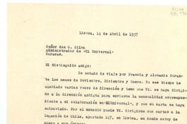 [Carta] 1937 abr. 14, Lisboa, [Portugal] [al] Señor don G. Silva, Administrador de "El Universal", Caracas, [Venezuela]