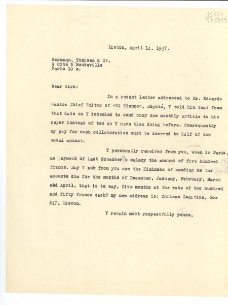 [Carta] 1937 Apr. 14, Lisboa, [Portugal] [a] Hermann, Theisen & Co., 9 Cité D'Heuteville, Paris 10 e., [France]