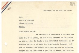 [Carta] 1934 abr. 28, Santiago, [Chile] [a] Sta. Gabriela Mistral, Cónsul de Chile, Madrid
