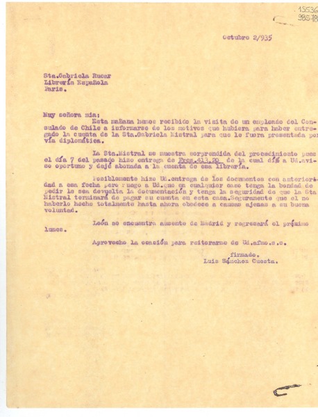[Carta] 1935 oct. 2, [España] [a] Sta Gabriela Rucar, Librería Española, Paris