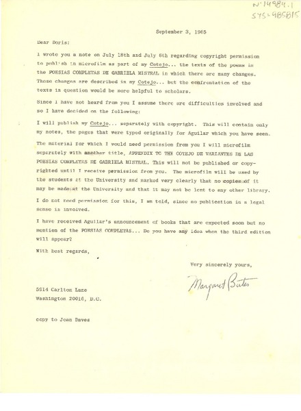 [Carta] 1965 sep. 3, Washington D.C., [Estados Unidos] [a] Doris [Dana], con copia a Joan Daves, [Estados Unidos]