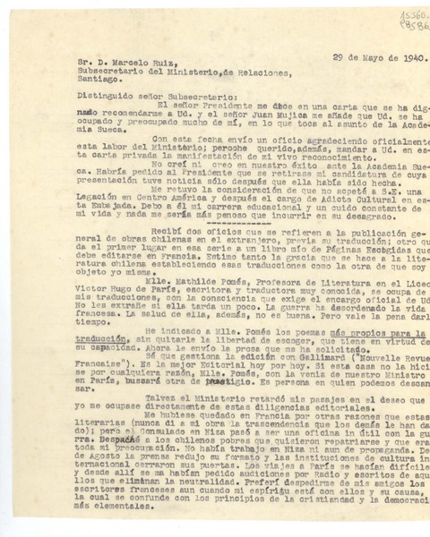 [Carta] 1940 mayo 29, Río de Janeiro, Brasil [al] Sr. D. Marcelo Ruiz, Subsecretario del Ministerio, de Relaciones, Santiago, [Chile]