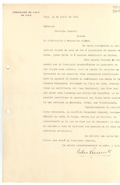 [Carta] 1936 abr. 16, Vigo, [España] [a] Señorita Gabriela Mistral, Lisboa