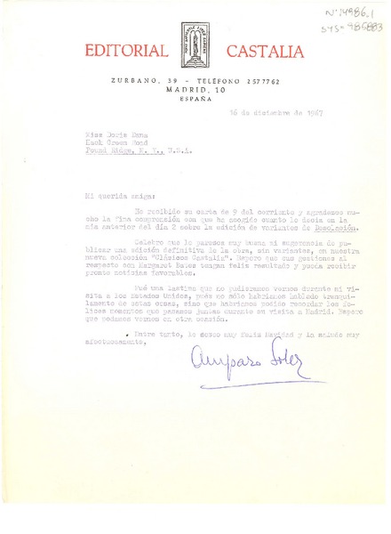 [Carta] 1967 dic. 16, [Madrid, España] [a] Doris Dana, Pound Ridge, U.S.A.