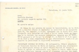 [Carta] 1936 jun. 16, Barcelona, [España] [a] Srta. Gabriela Mistral, Av. Antonio Augusto Aguiar 191, Lisboa