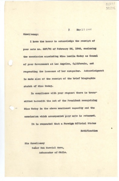 [Carta] 1946 May 15, [Estados Unidos] [a] His Excellency Señor Don Marcial Mora, Ambassador of Chile