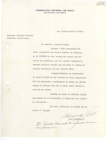 [Carta] 1946 ago. 8, Los Angeles, [Estados Unidos] [a] Señorita Gabriela Mistral, Monrovia, California