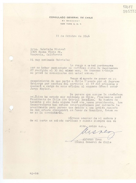 [Carta] 1946 oct. 11, New York, [Estados Unidos] [a] Srta. Gabriela Mistral, Monrovia, California