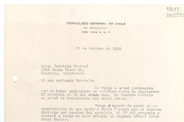 [Carta] 1946 oct. 11, New York, [Estados Unidos] [a] Srta. Gabriela Mistral, Monrovia, California