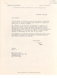 [Carta] 1970 dec. 28, [New York, Estados Unidos] [a] Doris Dana, Bridgehampton, New York, [Estados Unidos]