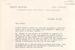 [Carta] 1970 dec. 28, [New York, Estados Unidos] [a] Doris Dana, Bridgehampton, New York, [Estados Unidos]