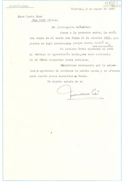 [Carta] 1960 mar. 9, Pistoia, [Italia] [a] Doris Dana, New York, U.S.A.