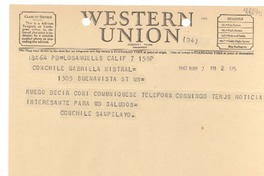 [Telegrama] 1947 mar. 7, Los Angeles, Calif., [EE.UU.] [al] Con. Chile, Gabriela Mistral, 1305 Buena Vista St., [EE.UU.]