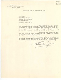 [Carta] 1947 oct. 29, Santiago, [Chile] [a] Señorita Gabriela Mistral, Cónsul de Chile en Santa Bárbara