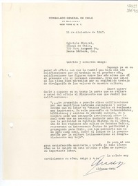 [Carta] 1947 dic. 11, New York, [Estados Unidos] [a] Gabriela Mistral, Cónsul de Chile, Santa Bárbara, Cal.