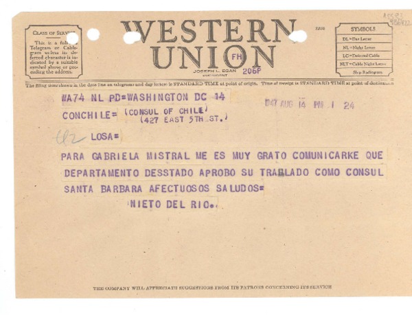 [Telegrama] 1947 Aug. 14, Washington DC, [EE.UU.] [a la] Consul of Chile, 427 East 5th st., Los A., [EE.UU.]