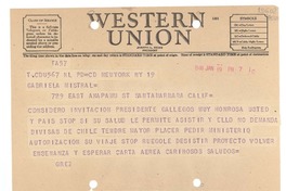 [Telegrama] 1948 ene. 19, New York, [Estados Unidos] [a] Gabriela Mistral, Santa Bárbara, Cal.