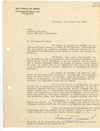 [Carta] 1948 mar. 10, Santiago, [Chile] [a] Srta. Gabriela Mistral, Santa Bárbara, California