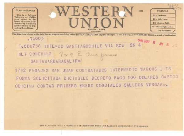 [Telegrama] 1948 May 5, Santiago, Chile [al] Con. Chile, Santa Barbara, Calif., [EE.UU.]