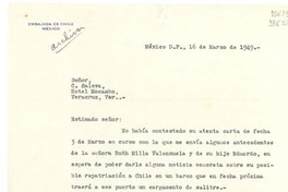 [Carta] 1949 mar. 16, México D. F. [a] Señor C. Saleva, Hotel Mocambo, Veracruz, Ver.