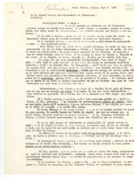 [Carta] 1949 mayo 2, Jalapa, [México] [a] Sr. D. Manuel Trucco, Sub-Secretario de Relaciones, Santiago