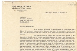 [Carta] 1949 ene. 15, República de Chile, Ministerio de Relaciones Exteriores, Santiago, Chile [a la] Señorita Gabriela Mistral, Embajada de Chile, [México]