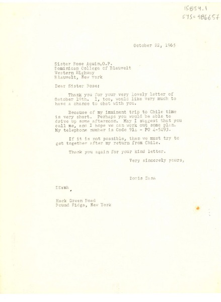 [Carta] 1965 oct. 22, Pound Ridge, New York, [Estados Unidos] [a] sister. Rose Aquin, o.p., Blauvelt, New York, [Estados Unidos]