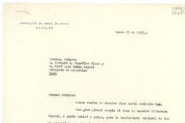 [Carta] 1952 ene. 25, Consulado de Chile, Nápoles, Italia [a los] Excmos. Señores, D. Bernabé S. González Risos y D. José Luis Muñoz Azpiri, Embajada de Argentina, Roma, [Italia]