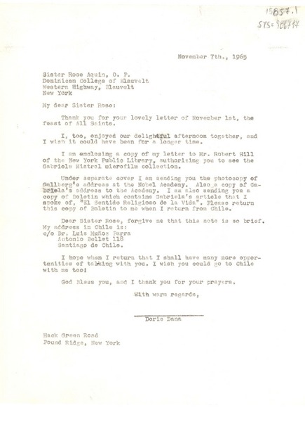 [Carta] 1965 nov. 7, Pound Ridge, New York, [Estados Unidos] [a] sister Rose Aquin, o.p., Bleuvelt, New York [Estados Unidos]