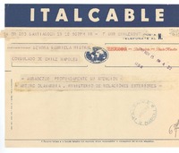 [Telegrama] 1952 nov. 13, Santiago, [Chile] [a la] Señora Gabriela Mistral, Nápoles, Consulado de Chile, Nápoles, [Italia]