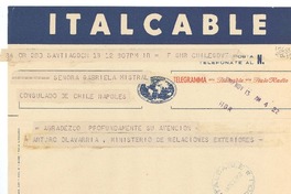 [Telegrama] 1952 nov. 13, Santiago, [Chile] [a la] Señora Gabriela Mistral, Nápoles, Consulado de Chile, Nápoles, [Italia]