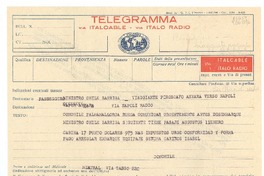 Telegramma [1932?], Santiago, [Chile] [al] Passeggero Ministro Chile Barriga, viaggiante piroscafo Ankara verso Napoli